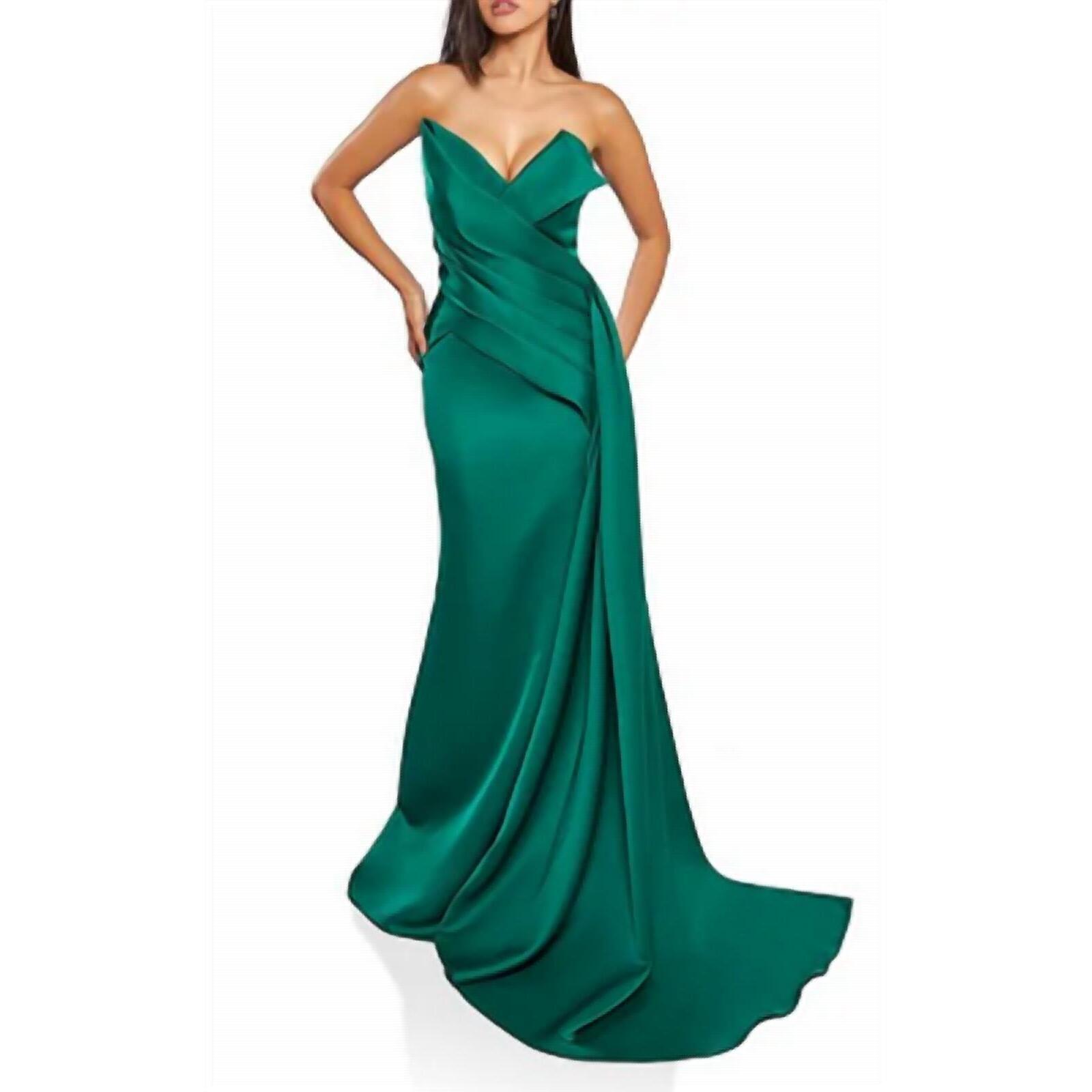 Terani Couture Emerald Green Strapless Satin Maxi Gown